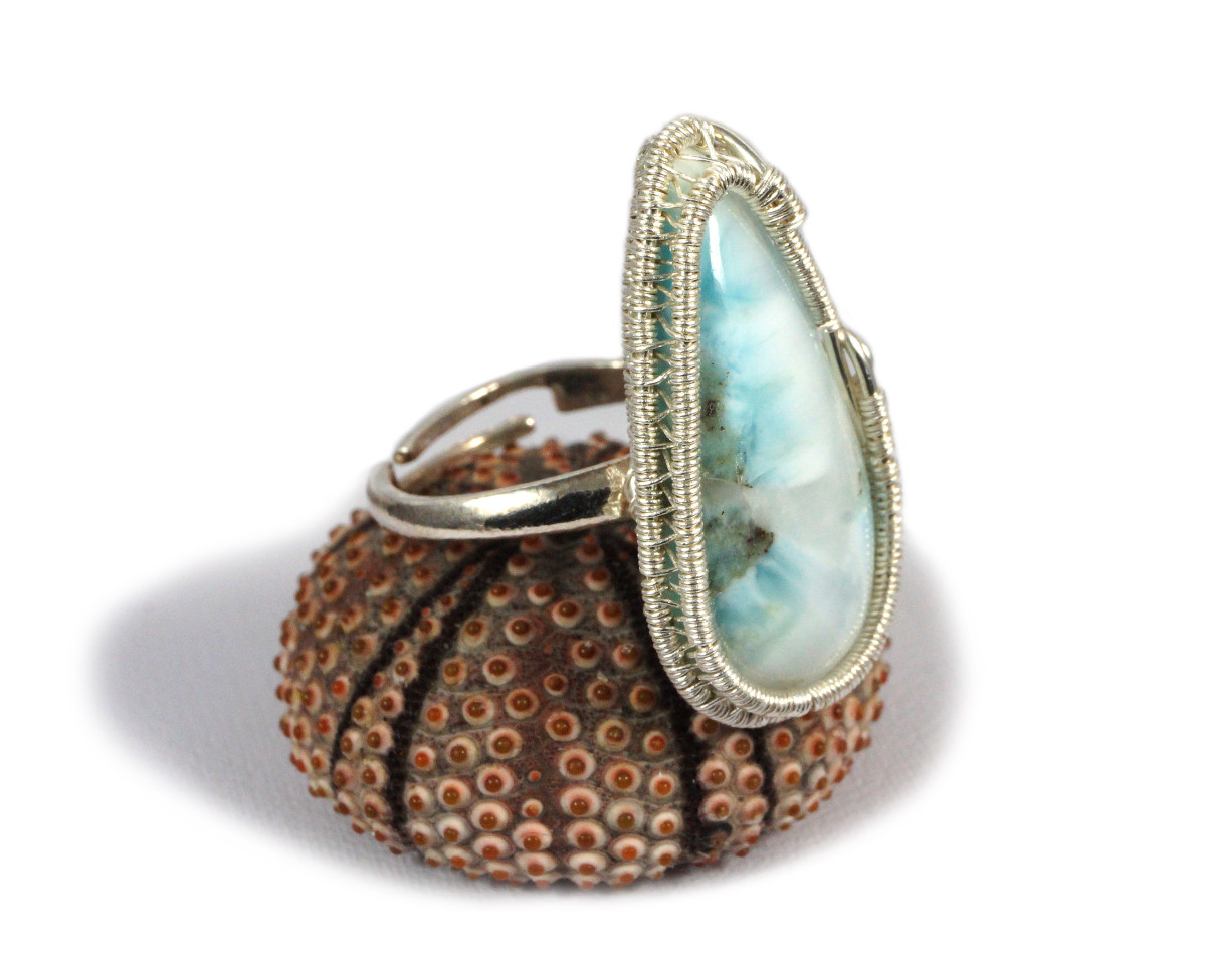 Larimar, Srebrny regulowany pierścionek z larimarem niebieskim regulowany, prezent dla niej prezent dla mamy, prezent dla kobiety handmade pomysł na prezent